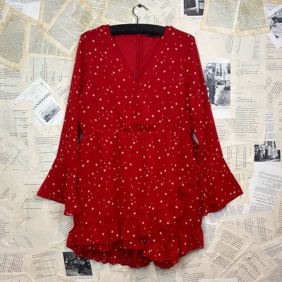 Wednesday Pants - EUC Long Sleeve Romper Red with White Stars Ruffle Size Large